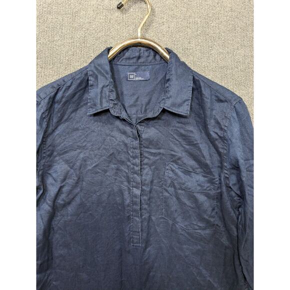 Gap Linen Shirt Womens Large Popover Roll Tab Sleeve Natural Navy Collared - Picture 4 of 10